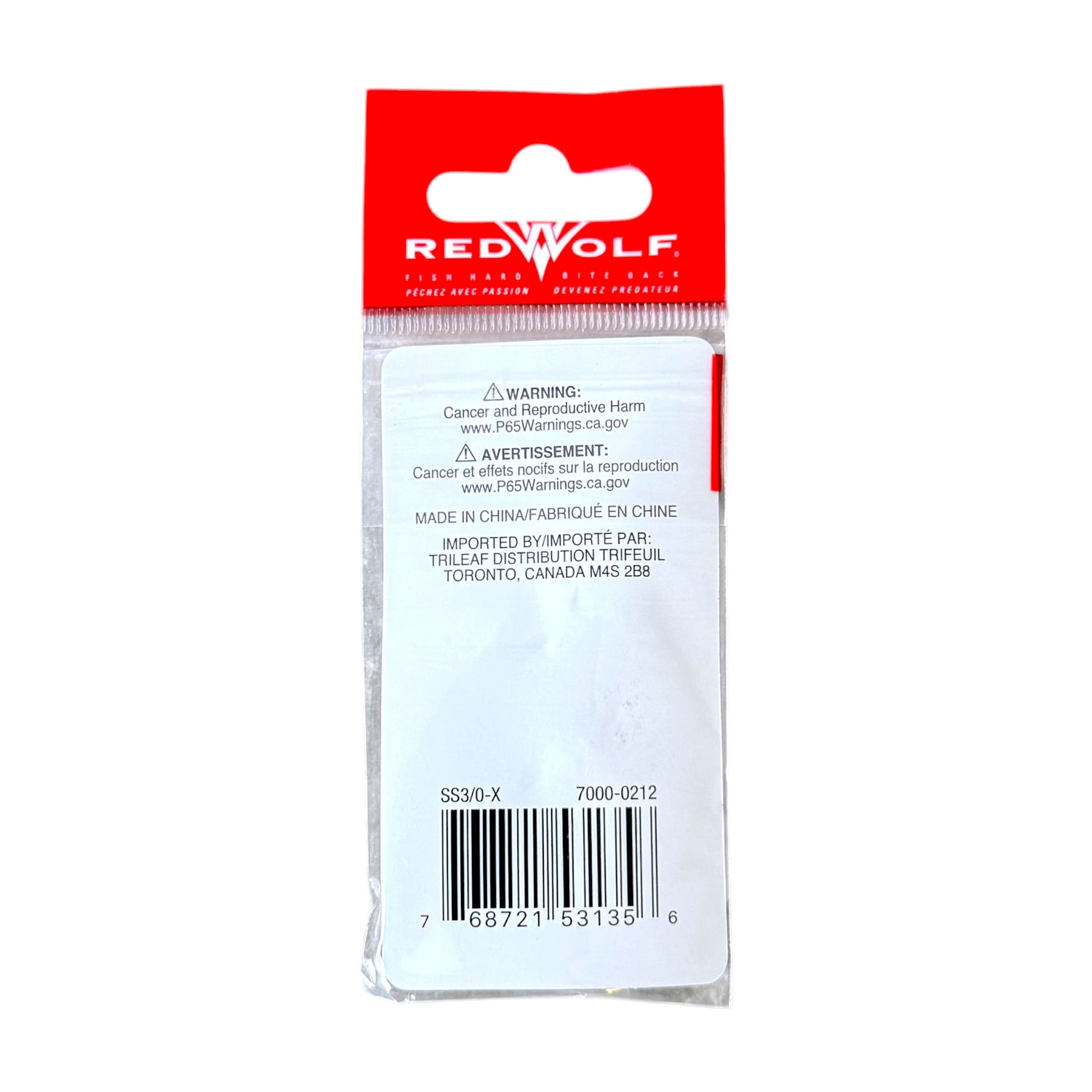 Red Wolf brand packaging, showing the back of the clear plastic blister card with a red header and white warning label.