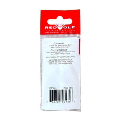 Red Wolf brand packaging, showing the back of the clear plastic blister card with a red header and white warning label.