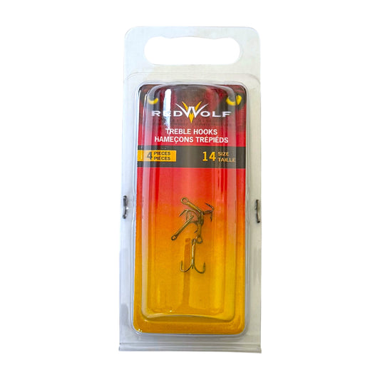Red Wolf Treble Hooks Size 14 in clear plastic blister packaging with a red and orange gradient backing card.