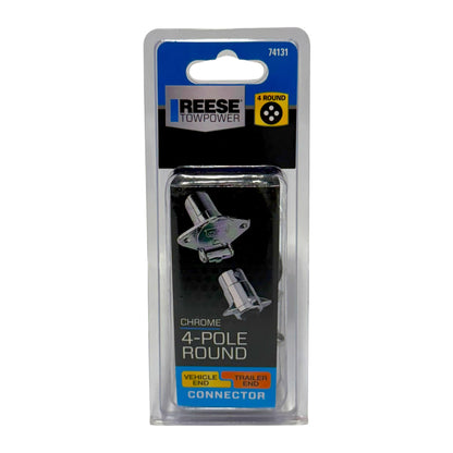 Reese Towpower 4-pole round connector in chrome, packaged in a clear plastic blister pack with a blue and black cardboard backing.
