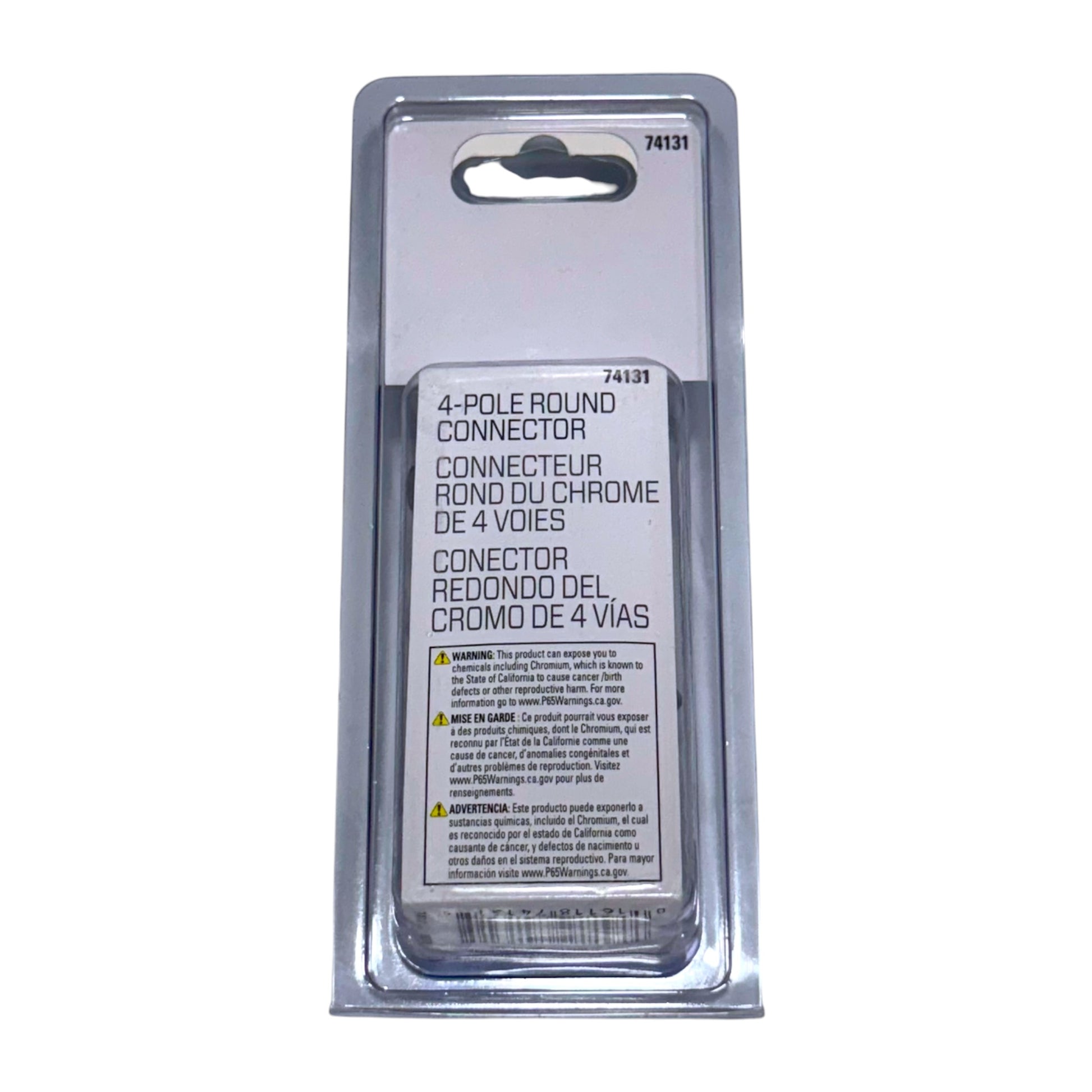 A packaged 4-pole round connector in clear plastic blister packaging with a white label reading '4-POLE ROUND CONNECTOR' and warning text, photographed on a plain white background.