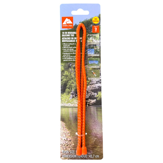 Orange Reusable 18" Silicone Ties 2-Pack with packaging featuring a scenic background