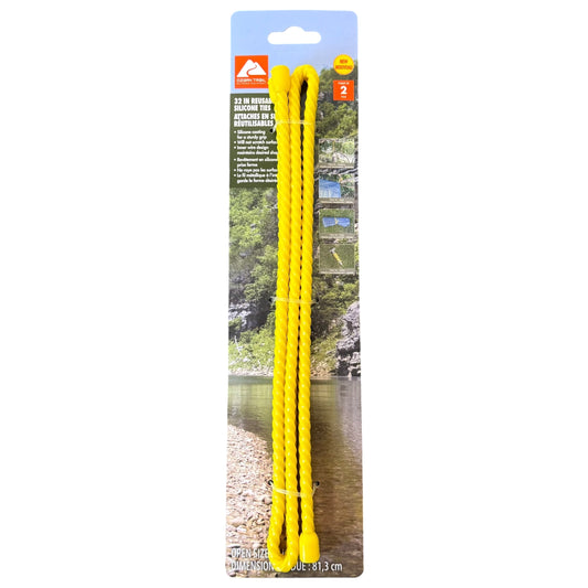 Yellow Reusable 32" Silicone Ties 2-Pack with packaging featuring a scenic background