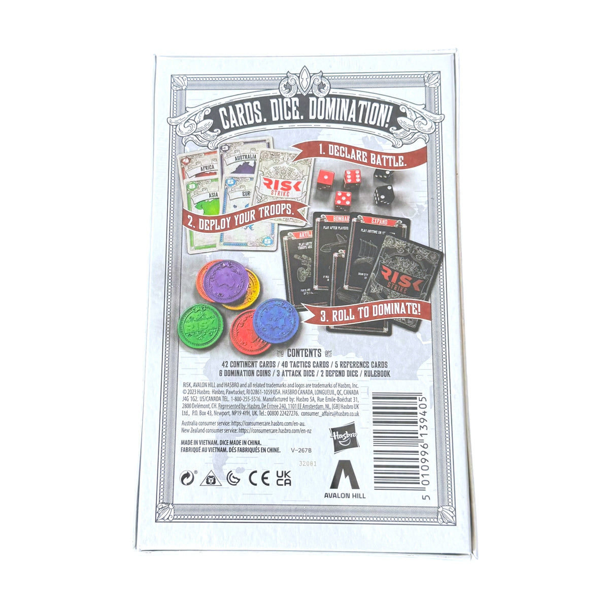 Card game packaging with text 'Cards, Dice, Domination!' on a white background