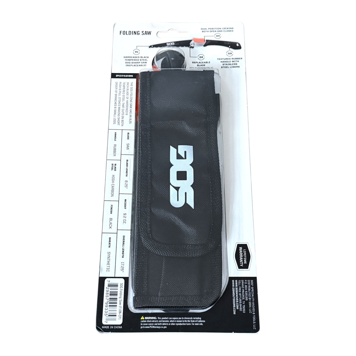 Black folding wood saw with SOG logo on packaging against a white background