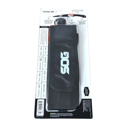 Black folding wood saw with SOG logo on packaging against a white background