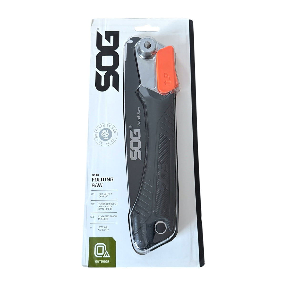 SOG folding wood saw in retail packaging on a white background