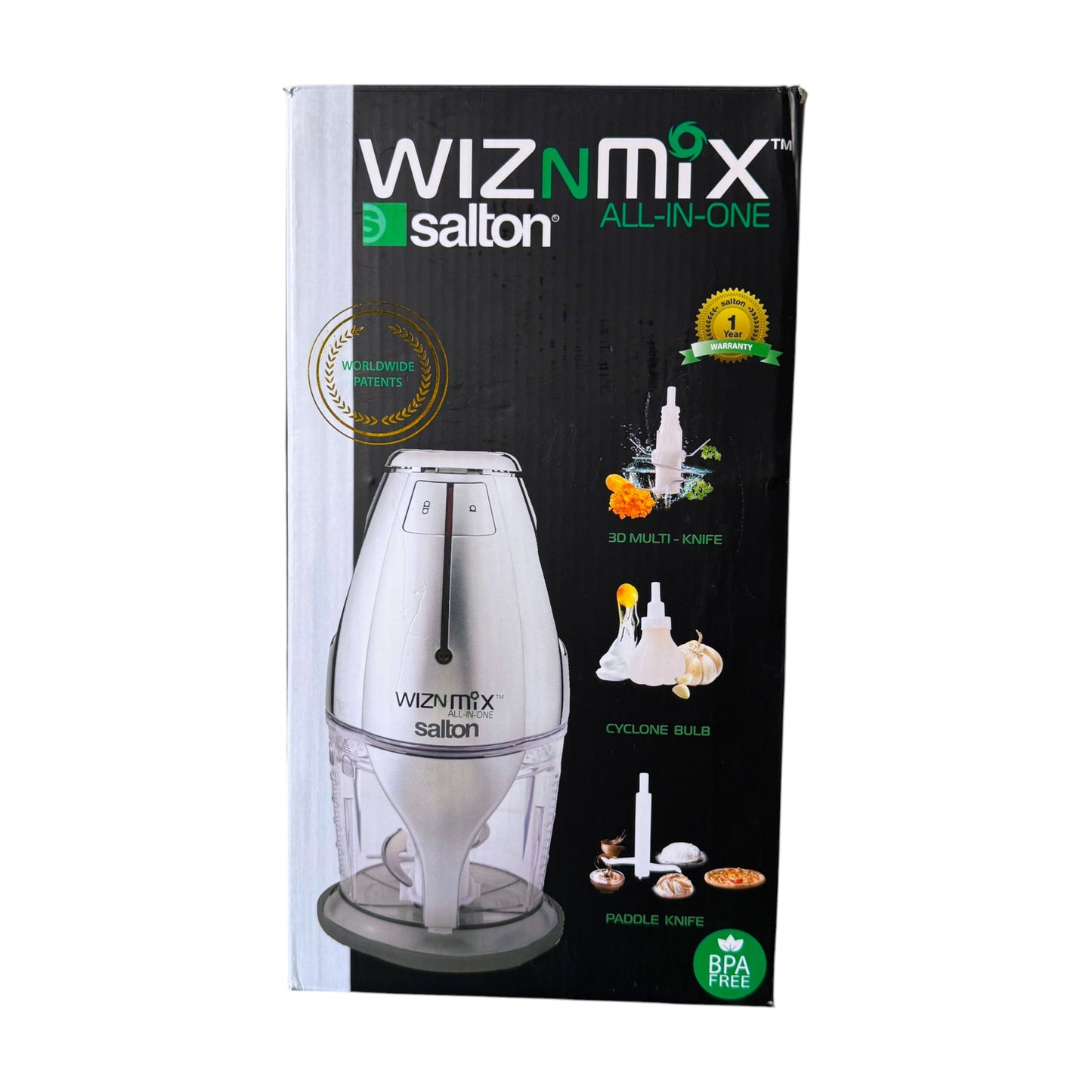 Wiznmix Salton all-in-one food processor in its original retail packaging, featuring a white and clear processor with a black and green box design.
