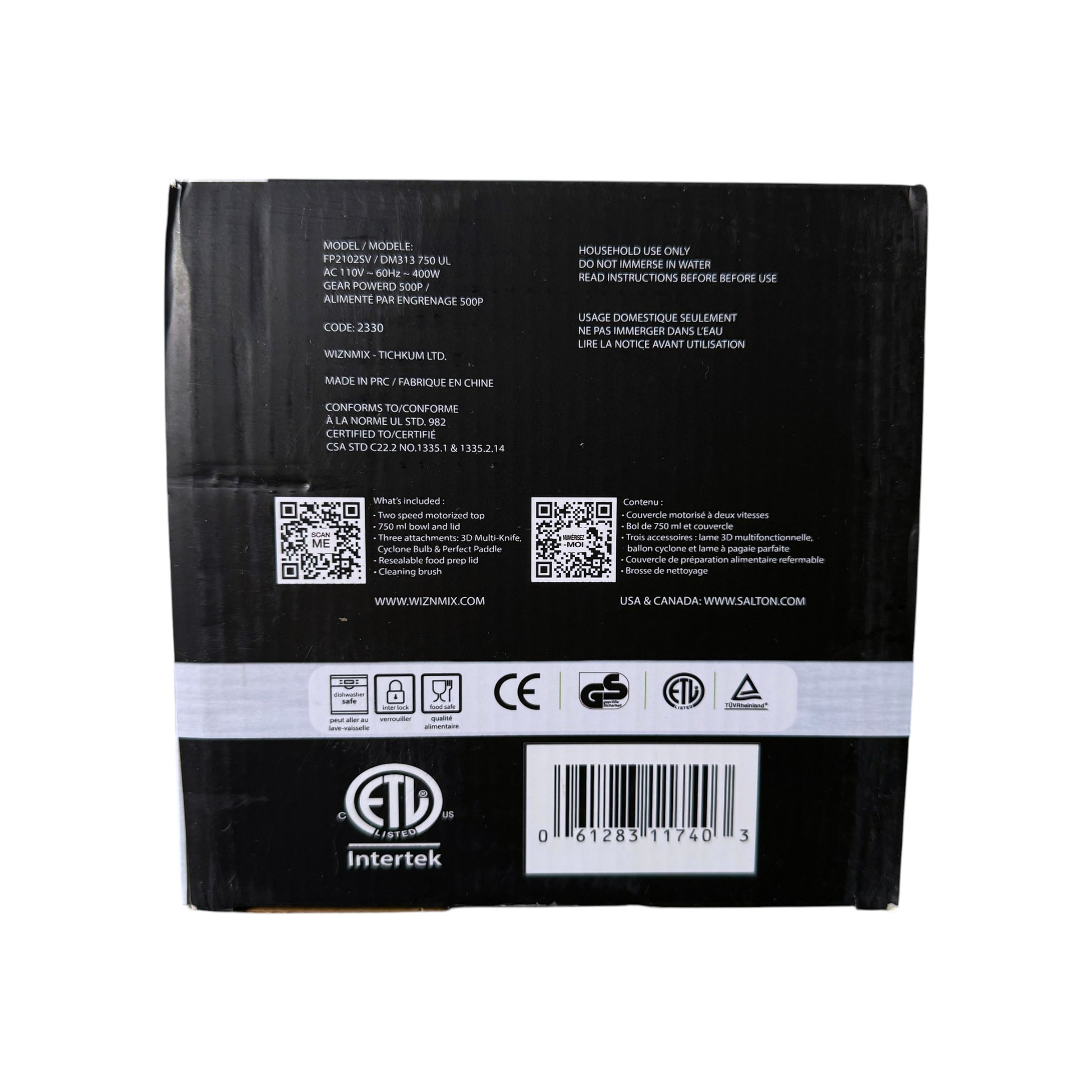The bottom of a black product box with white text, QR codes, certification logos including ETL and Intertek, and a barcode on a white background.