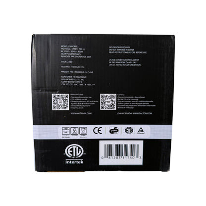 The bottom of a black product box with white text, QR codes, certification logos including ETL and Intertek, and a barcode on a white background.