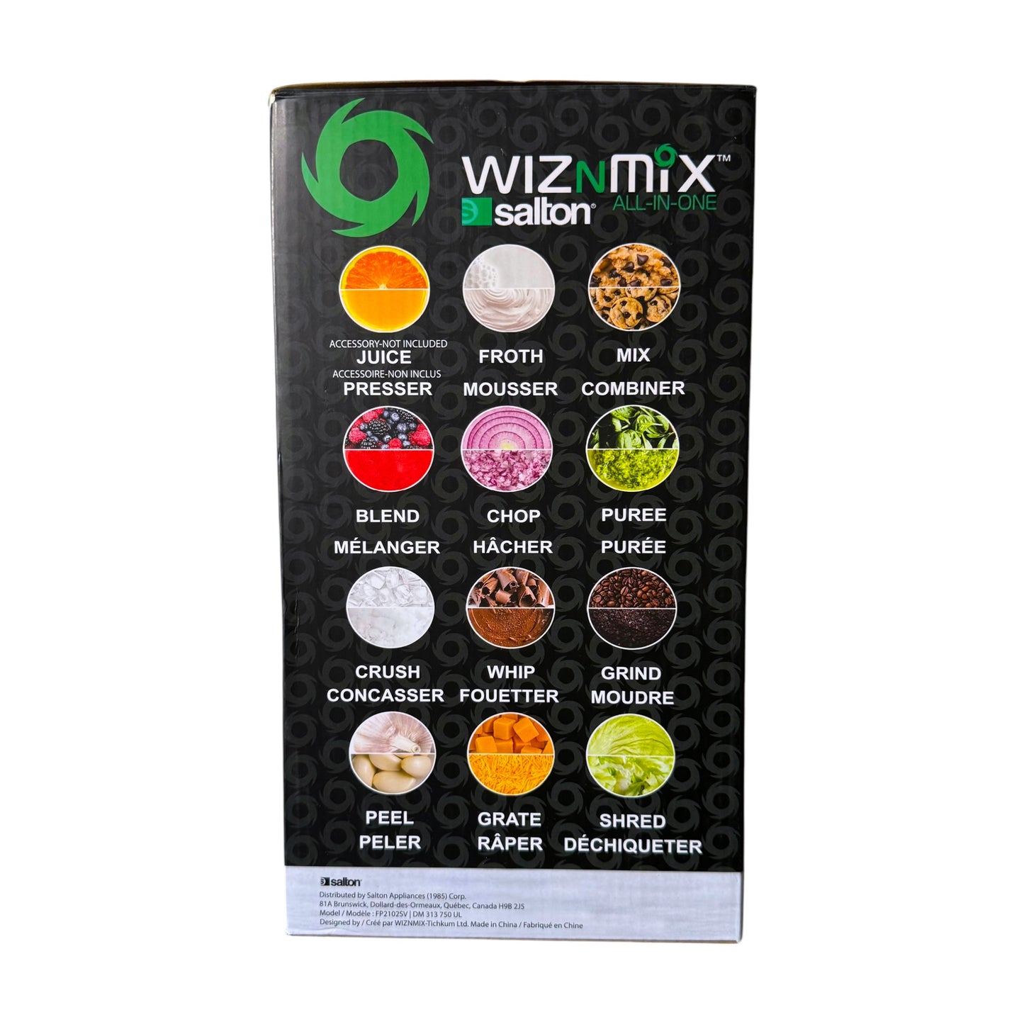 A black rectangular product box for WIZMIX by salton All-in-One blender, featuring a grid of colorful ingredient icons and French labels on a white background.