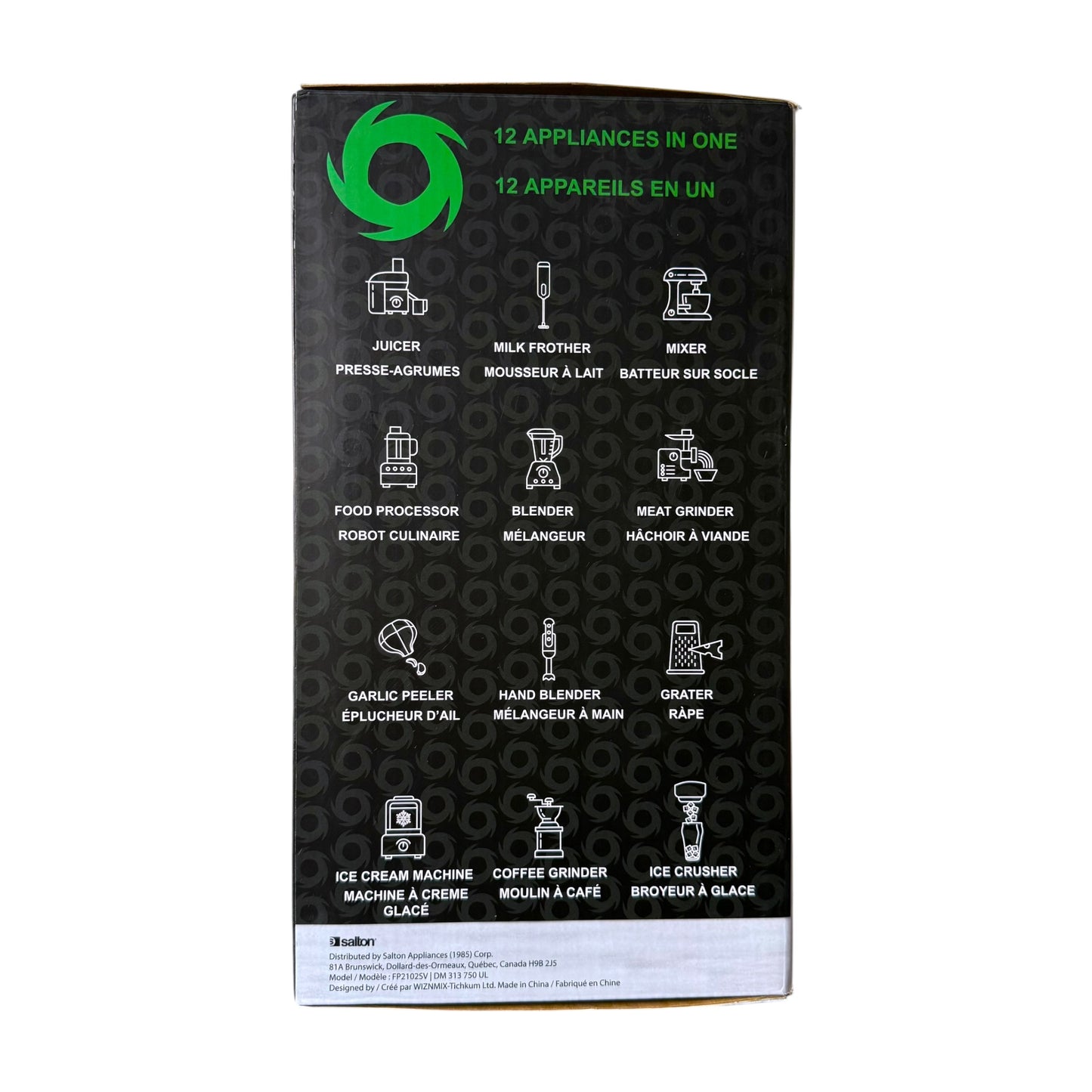 A tall black product box with green and white text and icons, photographed against a plain white background. The front shows the brand name 'Salton' 