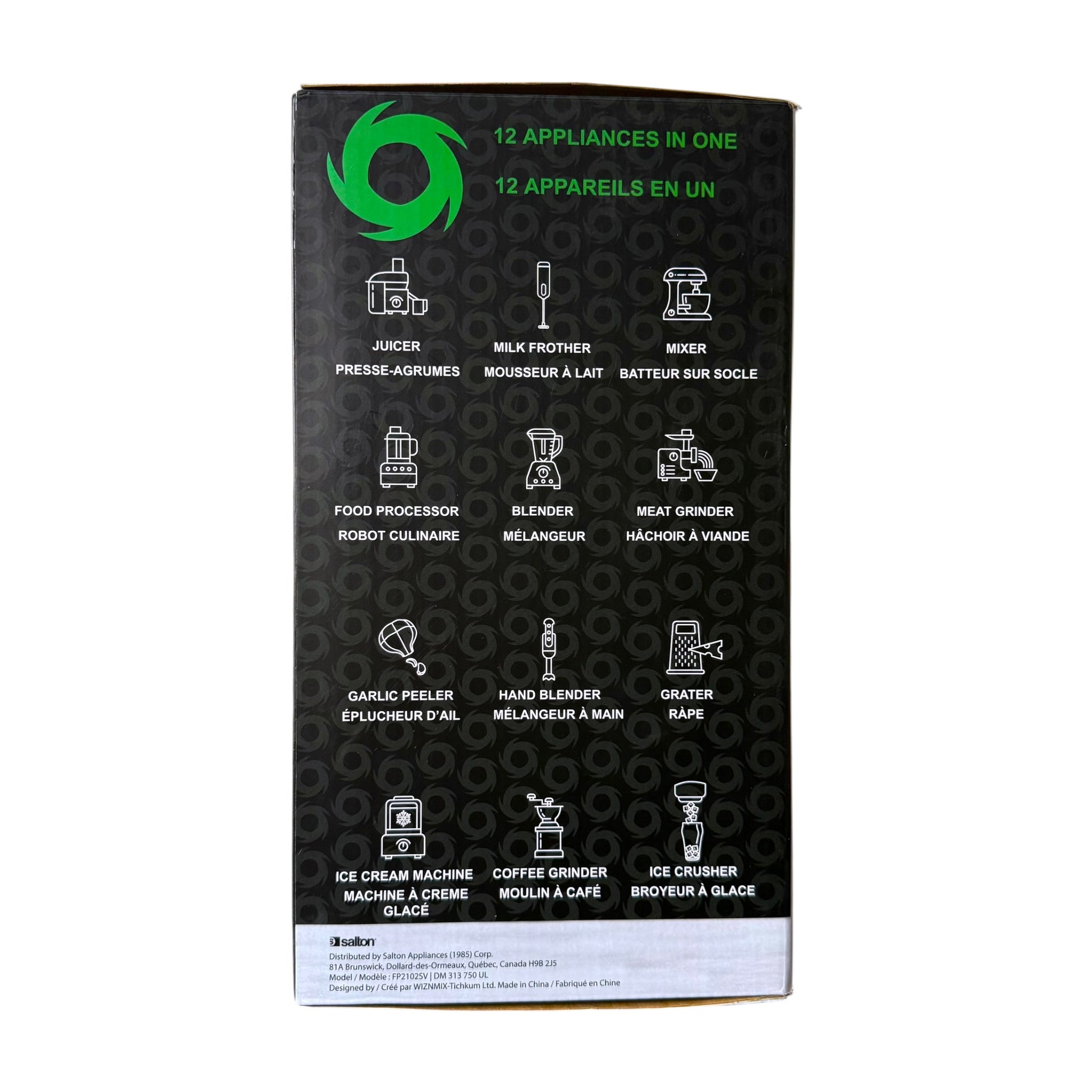A tall black product box with green and white text and icons, photographed against a plain white background. The front shows the brand name 'Salton' 