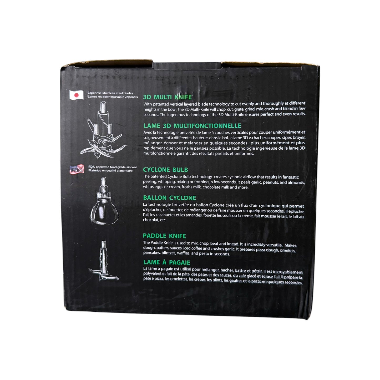 The top of a black cardboard box for a Salton food processor, featuring product feature descriptions in English and French with illustrations of the blade heads.