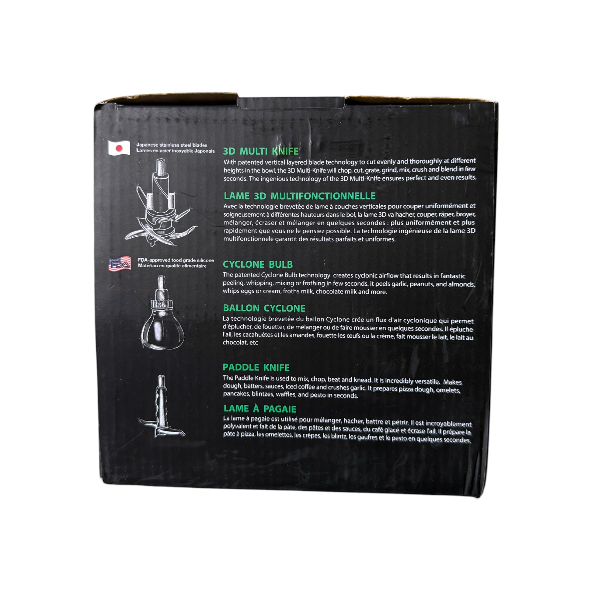 The top of a black cardboard box for a Salton food processor, featuring product feature descriptions in English and French with illustrations of the blade heads.