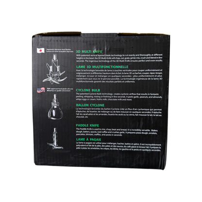 The top of a black cardboard box for a Salton food processor, featuring product feature descriptions in English and French with illustrations of the blade heads.