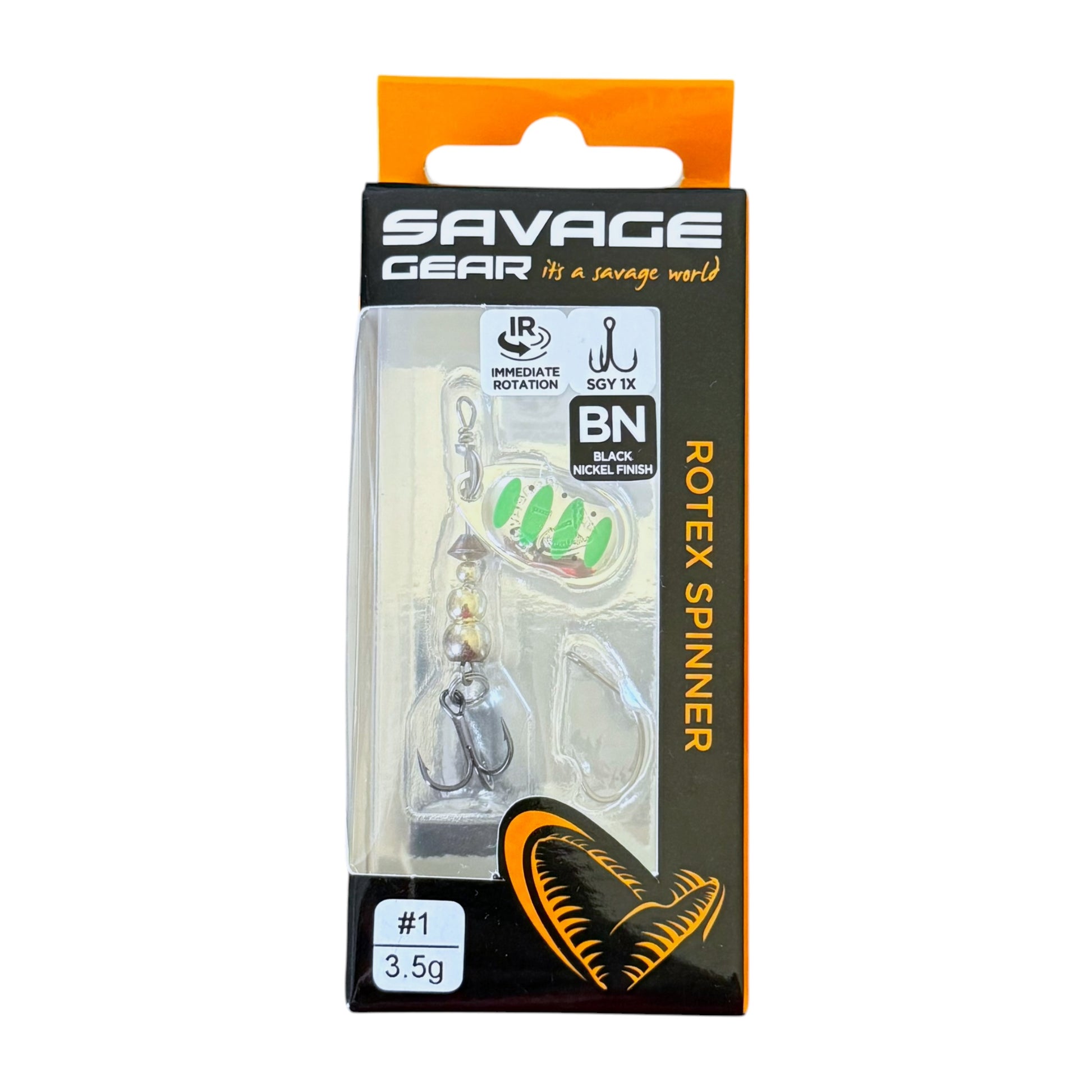 Savage Gear Rotex Spinner packaging with fishing lure inside on a white background