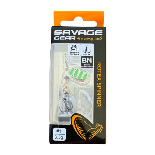 Savage Gear Rotex Spinner packaging with fishing lure inside on a white background