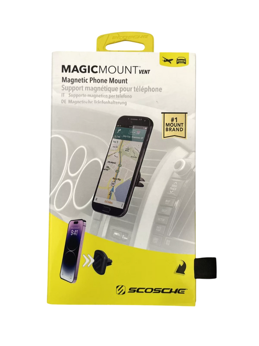 Scosche MagicMount vent magnetic phone mount packaging on a white background