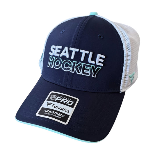 A navy blue and white Seattle Kraken Hockey trucker hat with a light blue accent on the brim and mesh backing, featuring a white embroidered logo and a Pro Fanatics sticker on the brim.
