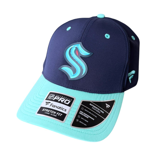 A navy blue and light blue snapback cap featuring a large light blue 'S' Seattle Kraken logo on the front, with Fanatics branding and a Pro Stretch Fit sticker on the brim.