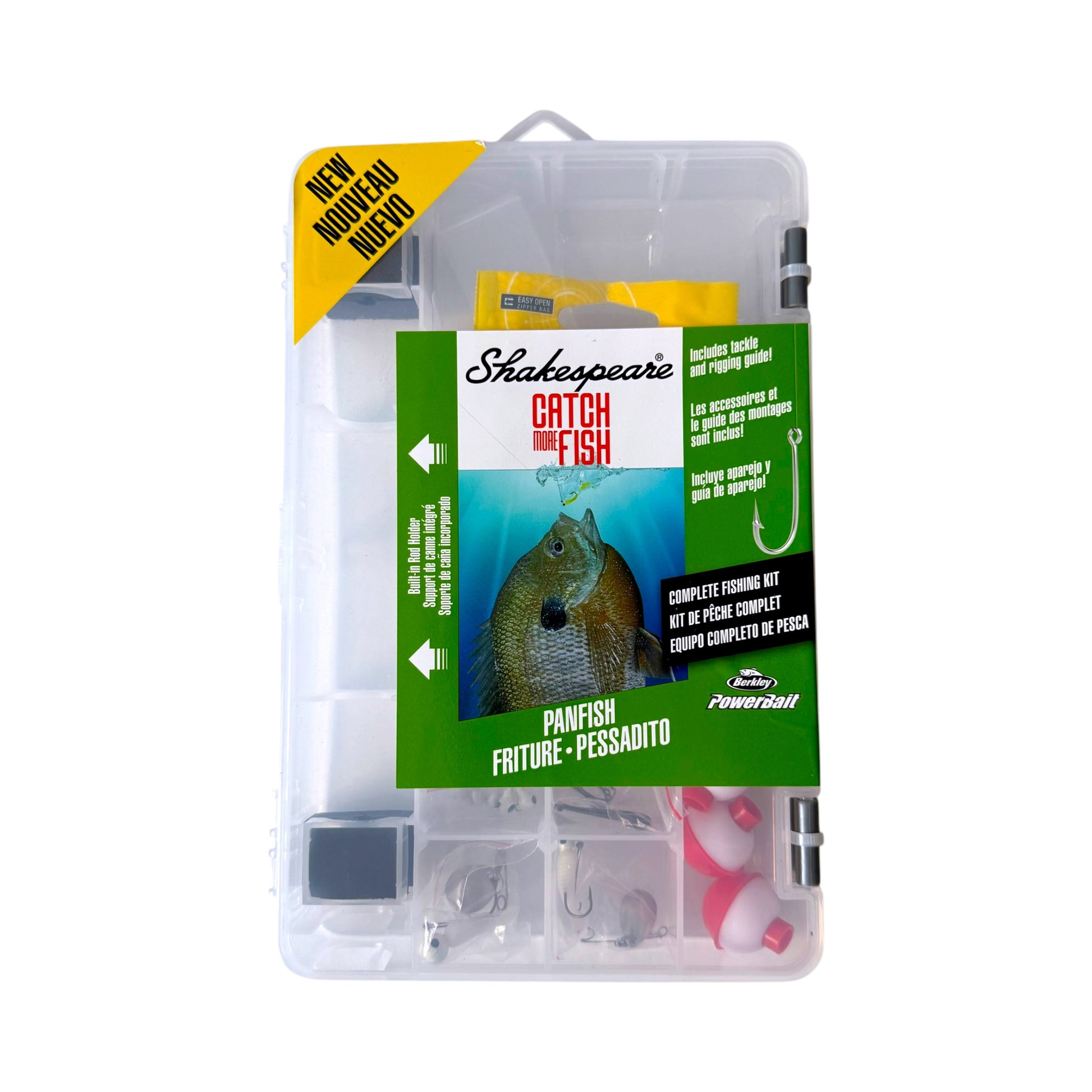 Shakespeare Catch the Fish complete fishing kit in a clear plastic storage case with a green and white front label, yellow 'New Added' banner, and visible hooks, weights, and red floats.