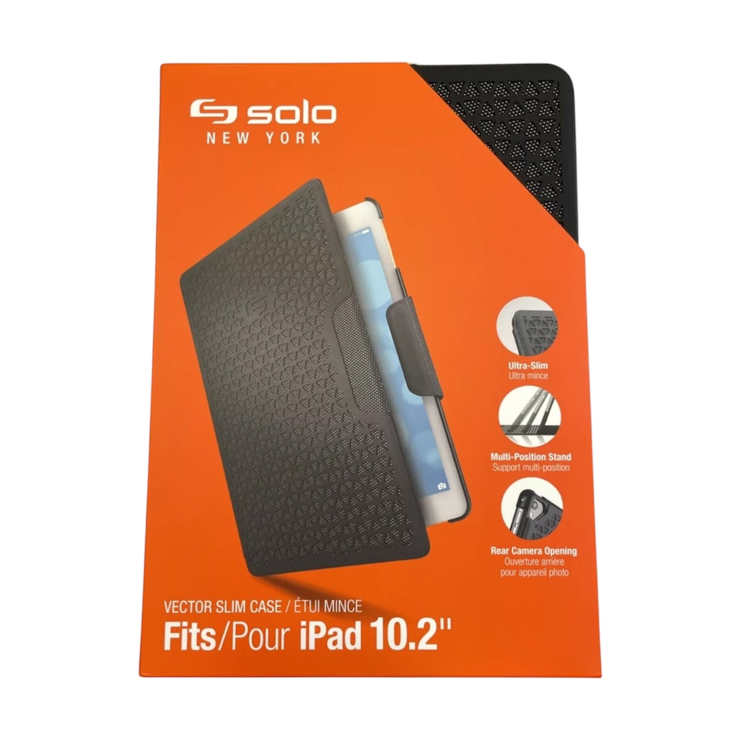 Orange packaging of a black tablet case with 'Solo New York' branding, featuring an iPad 10.2" illustration.