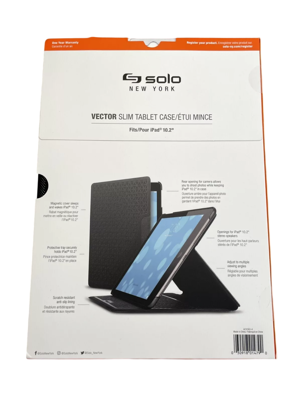 Packaging of a black tablet case with 'Solo New York' branding, featuring an iPad 10.2" illustration.
