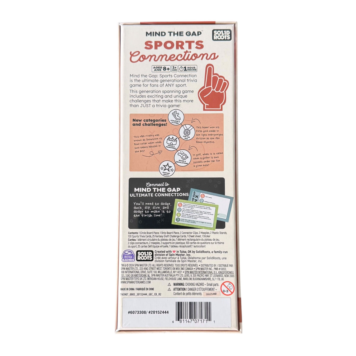 The back of a 'Mind the Gap Sports Connections' game box, showing product details, rules, and a barcode on a white background.