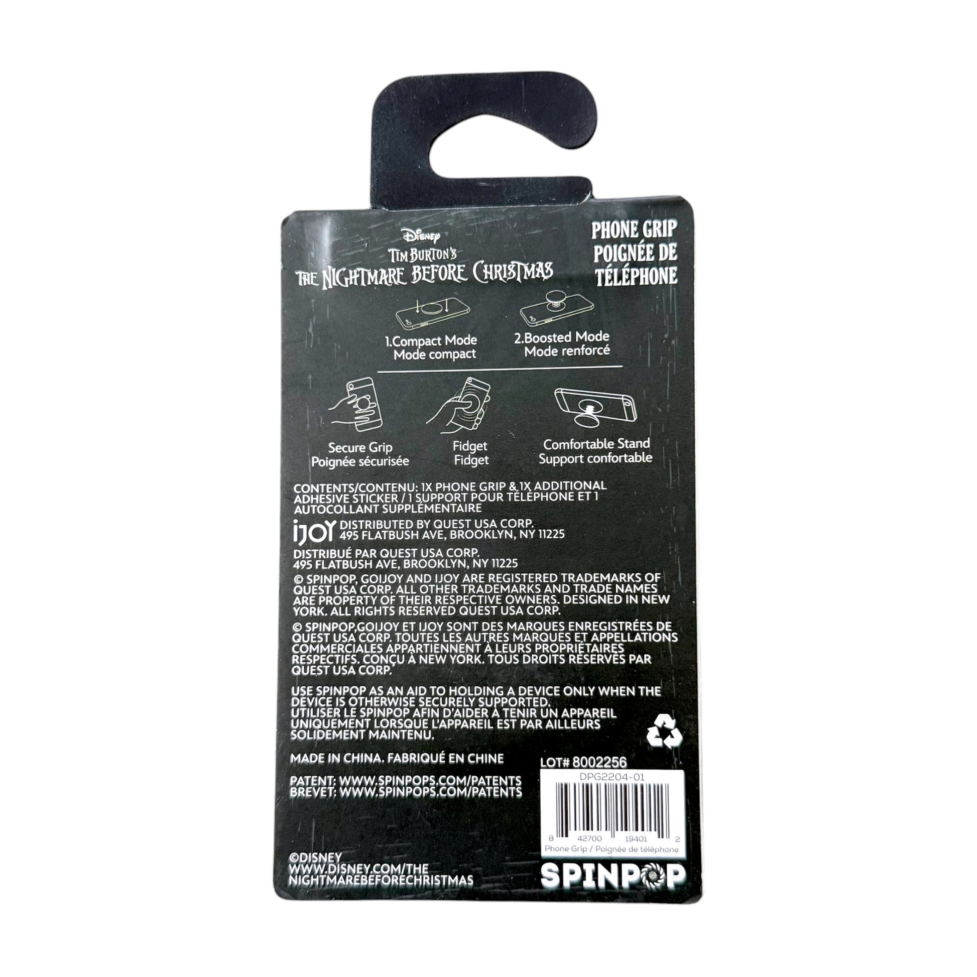 The back of a black retail hang card for a Disney The Nightmare Before Christmas phone grip, showing product features, text, and a barcode on a white background.