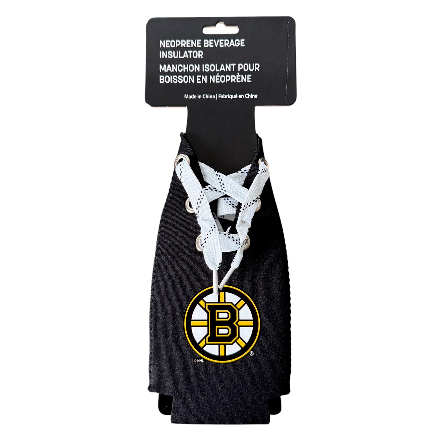A black neoprene beverage insulator koozie with white lace-up detailing and a Boston Bruins logo, attached to a black retail header card.