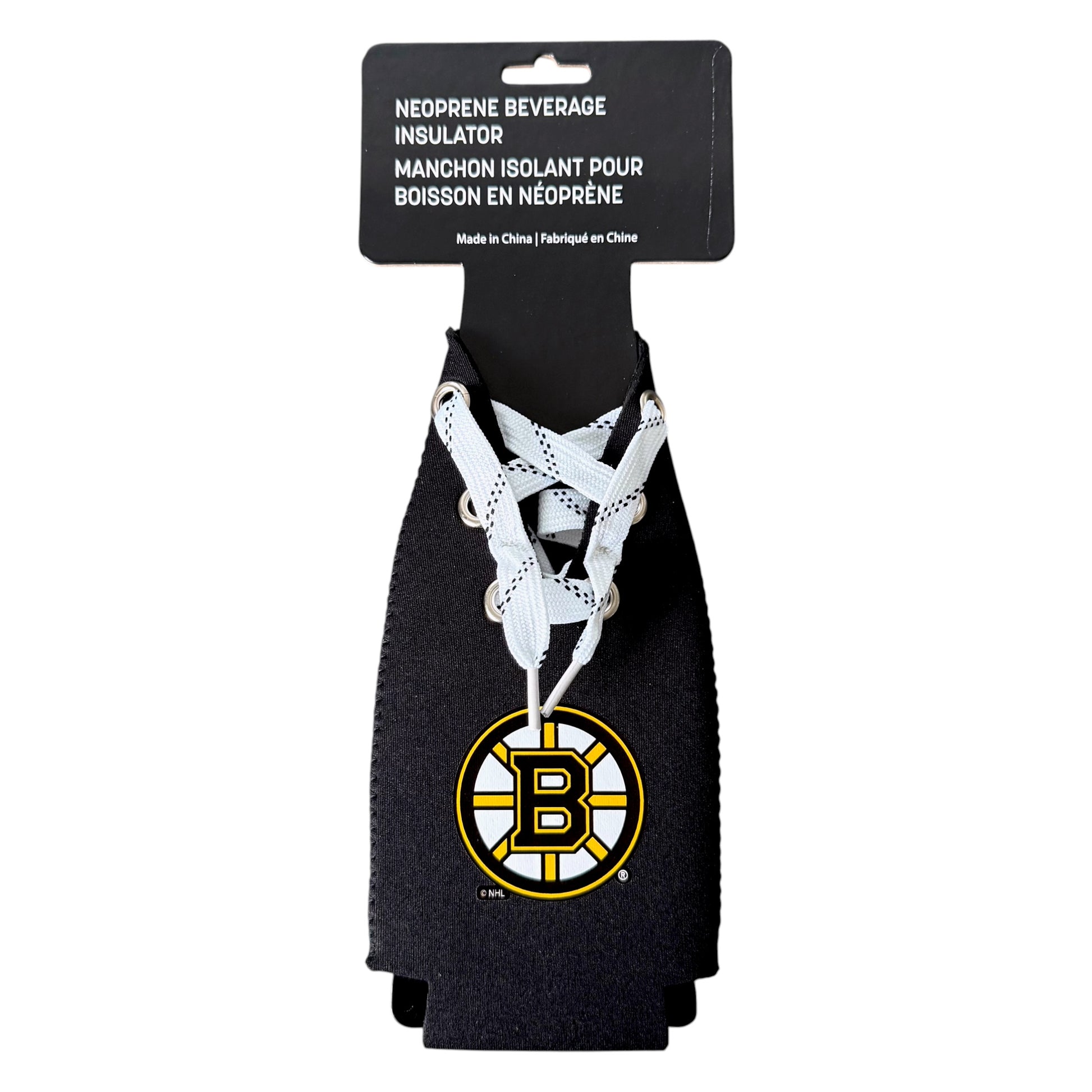 A black neoprene beverage insulator koozie with white lace-up detailing and a Boston Bruins logo, attached to a black retail header card.