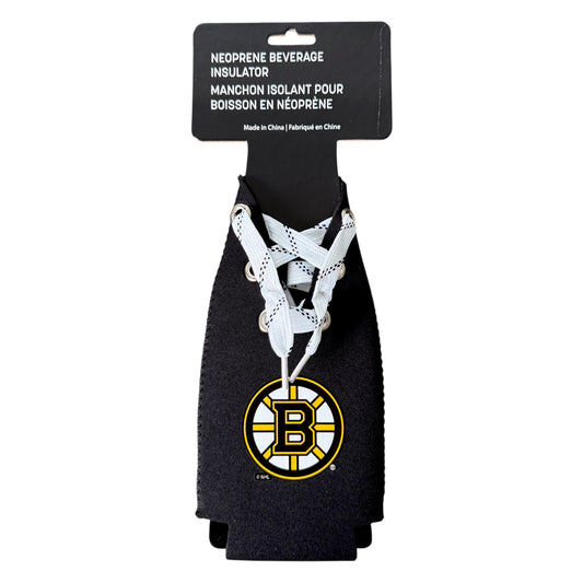 A black neoprene beverage insulator koozie with white lace-up detailing and a Boston Bruins logo, attached to a black retail header card.