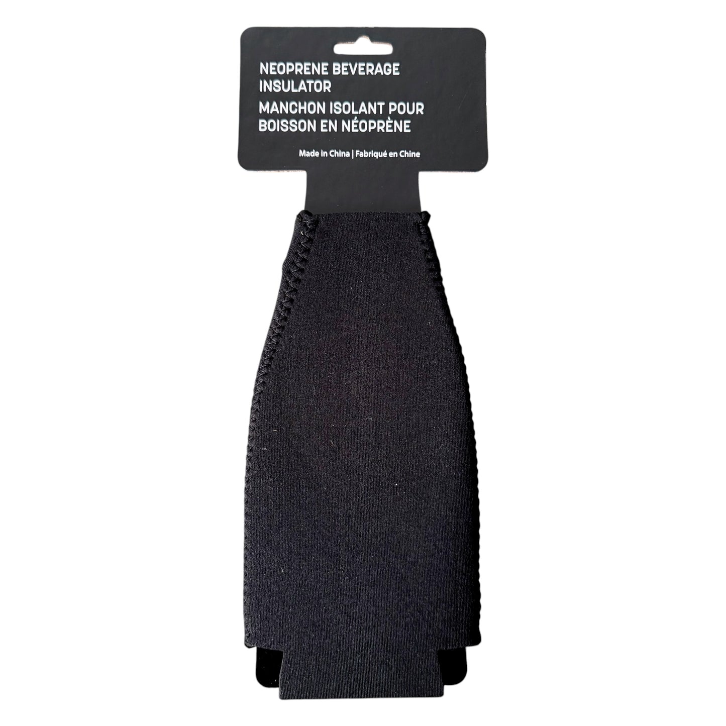 A black neoprene beverage insulator koozie on a black retail header card, shown on a plain white background.