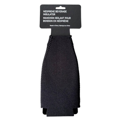 A black neoprene beverage insulator koozie on a black retail header card, shown on a plain white background.