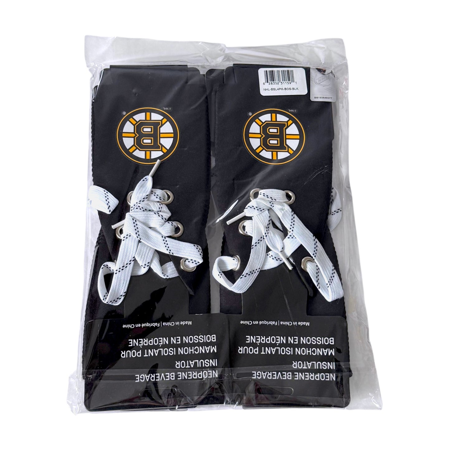 Four black Boston Bruins neoprene bottle koozies in a clear plastic bag, each with white laces and the Bruins logo on the front.