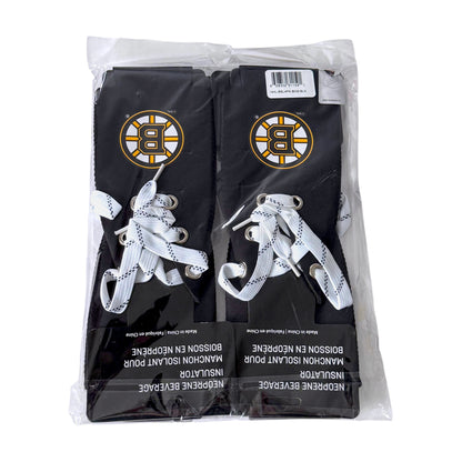 Four black Boston Bruins neoprene bottle koozies in a clear plastic bag, each with white laces and the Bruins logo on the front.