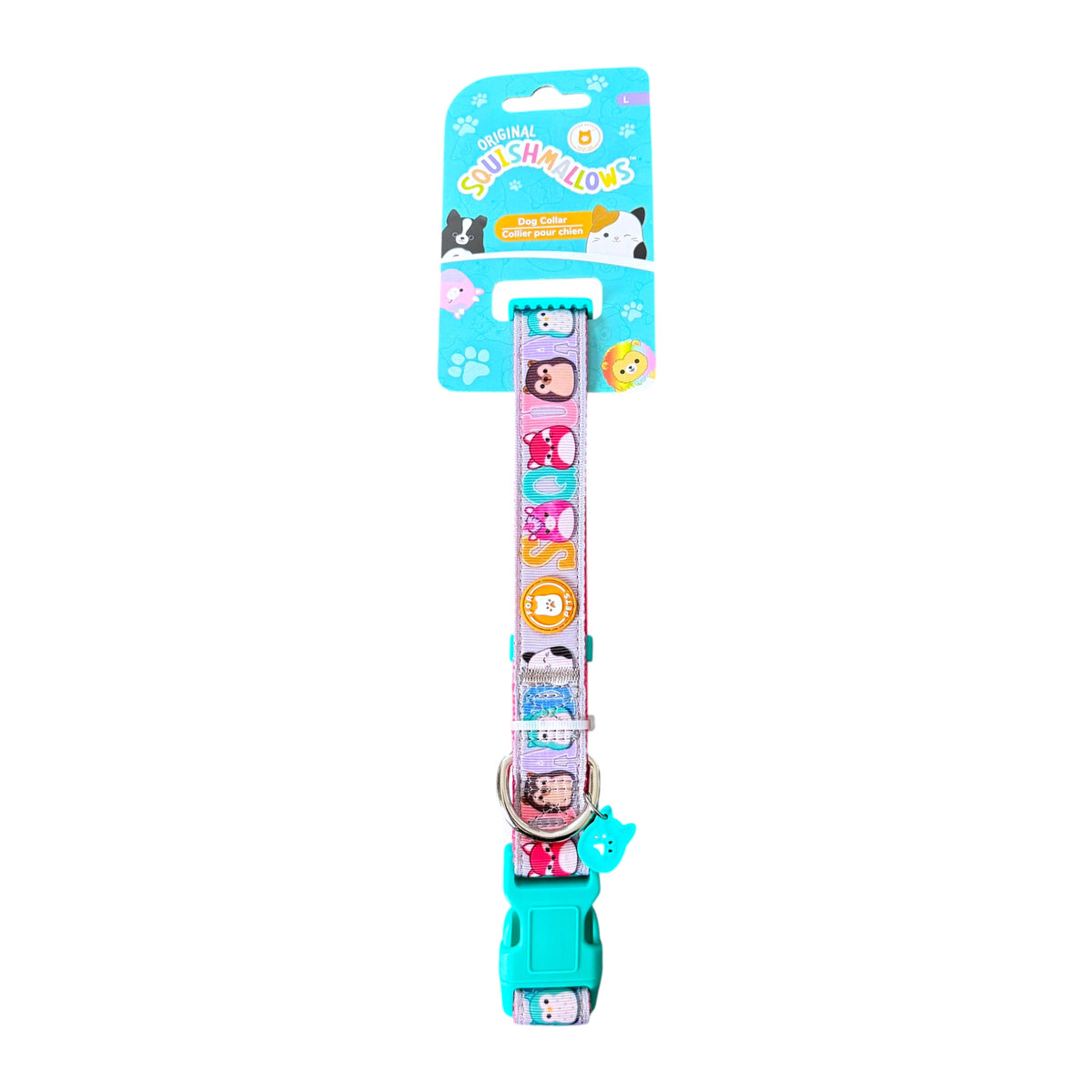 A Squishmallows pet collar with colorful cartoon animal prints, a turquoise plastic buckle, and a matching turquoise tag, attached to a blue retail hanger card.