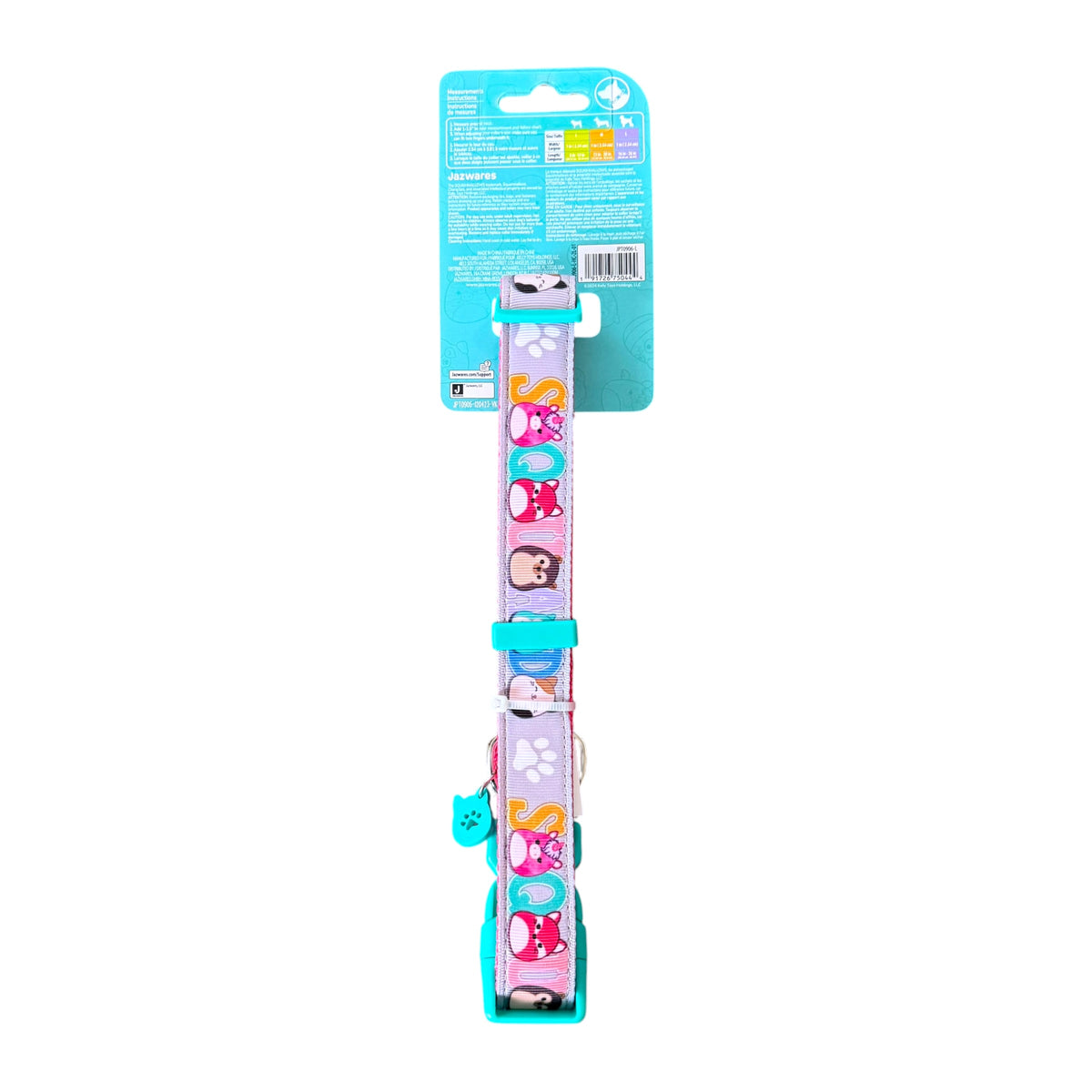 A Squishmallows pet collar with a light purple background and cartoon animal illustrations, shown in its original blue packaging on a white background.