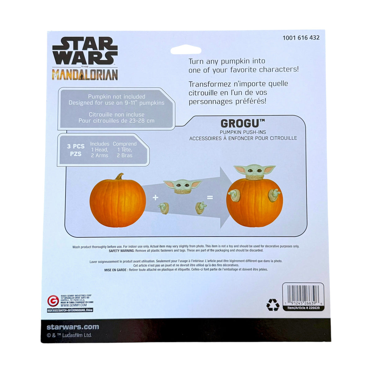 Star Wars: The Mandalorian Grogu pumpkin push-in accessory packaging, showing the back of the card with product details, instructions, and a small illustration of Grogu transformed into a pumpkin.