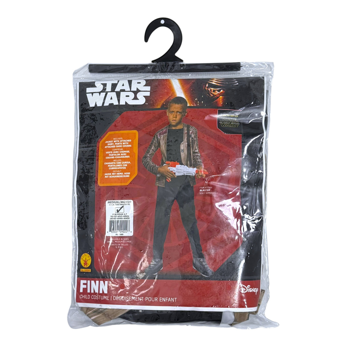 Star Wars Finn child costume in its original retail packaging, featuring a black hanger and a clear plastic bag over a red and black character card.