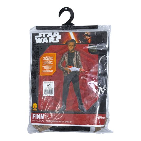 Star Wars Finn child costume in its original retail packaging, featuring a black hanger and a clear plastic bag over a red and black character card.