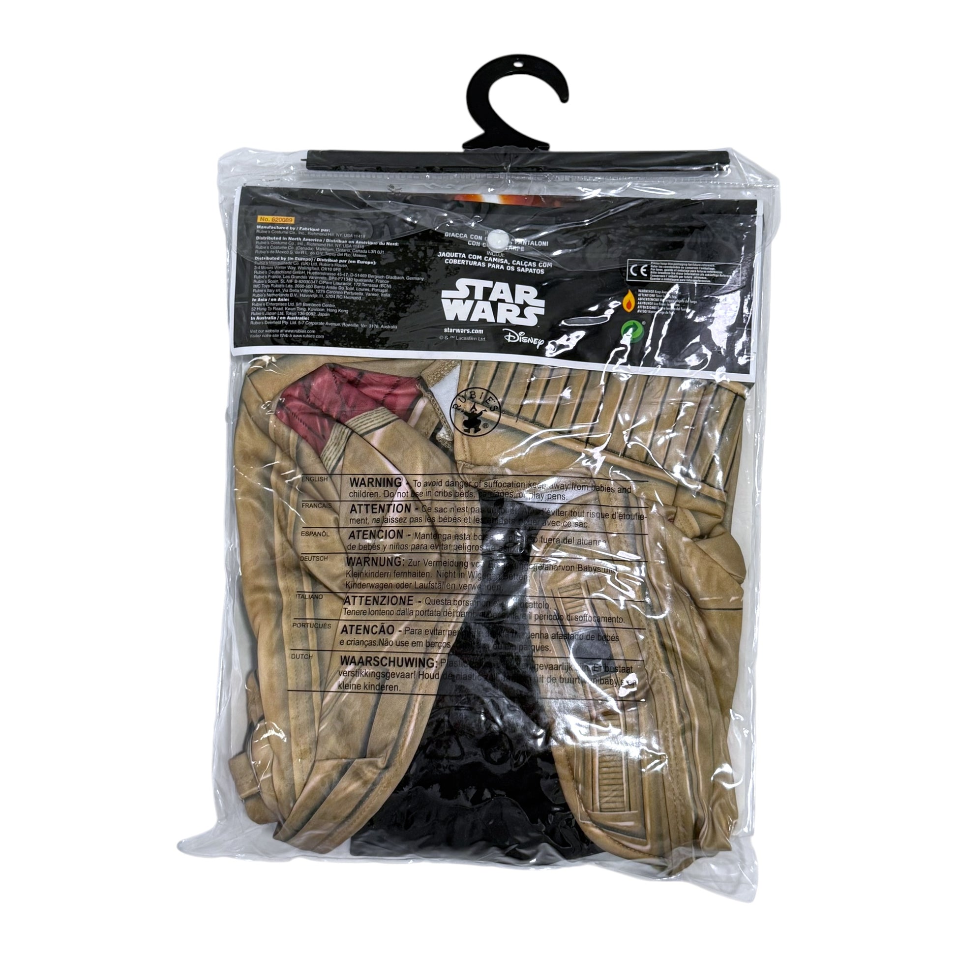 Star Wars Finn child costume in its original retail packaging, featuring a black hanger and a clear plastic bag.