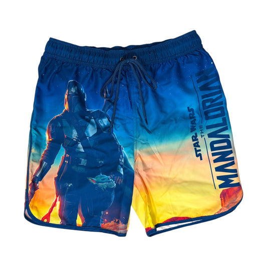 A pair of Star Wars: The Mandalorian Men's Swim Shorts shown on a white background