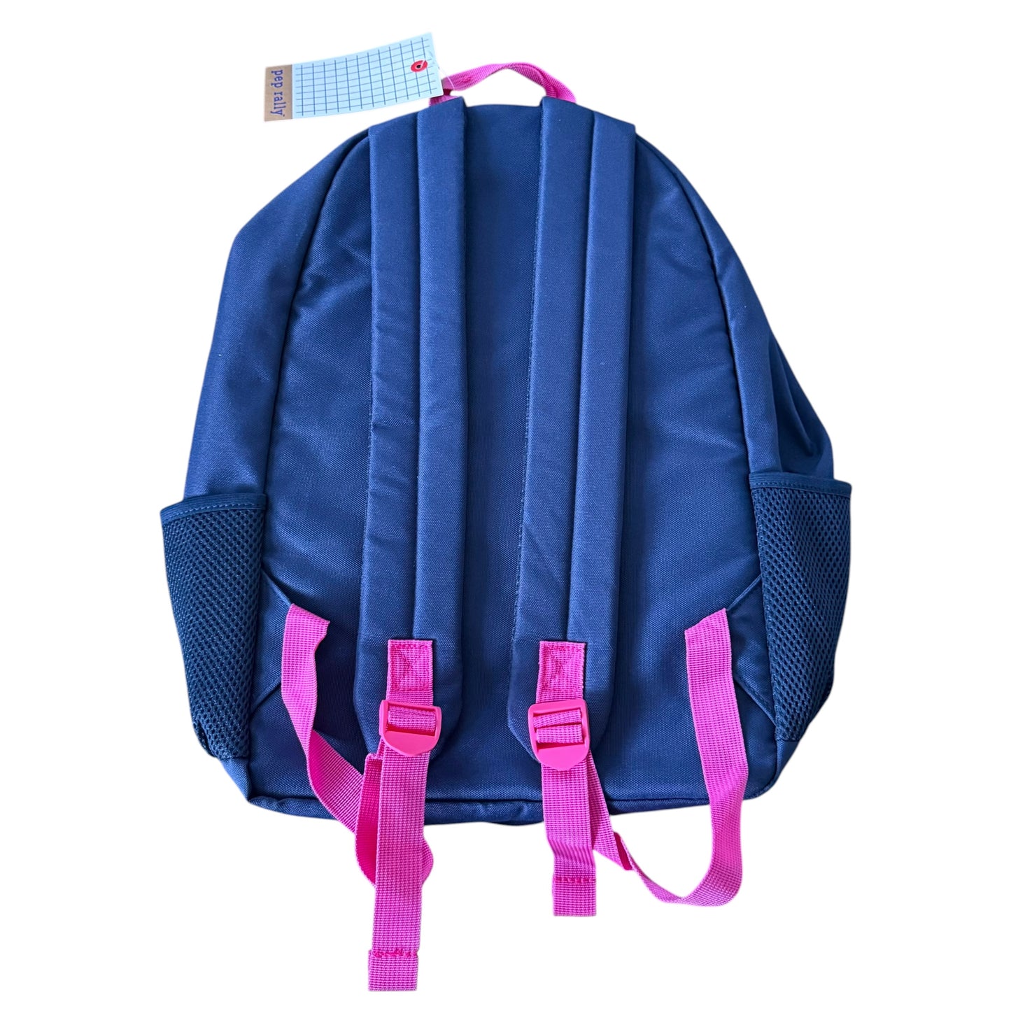 A navy backpack shown from the back, featuring bright pink straps and trim, with mesh side pockets and a small hangtag attached at the top handle.