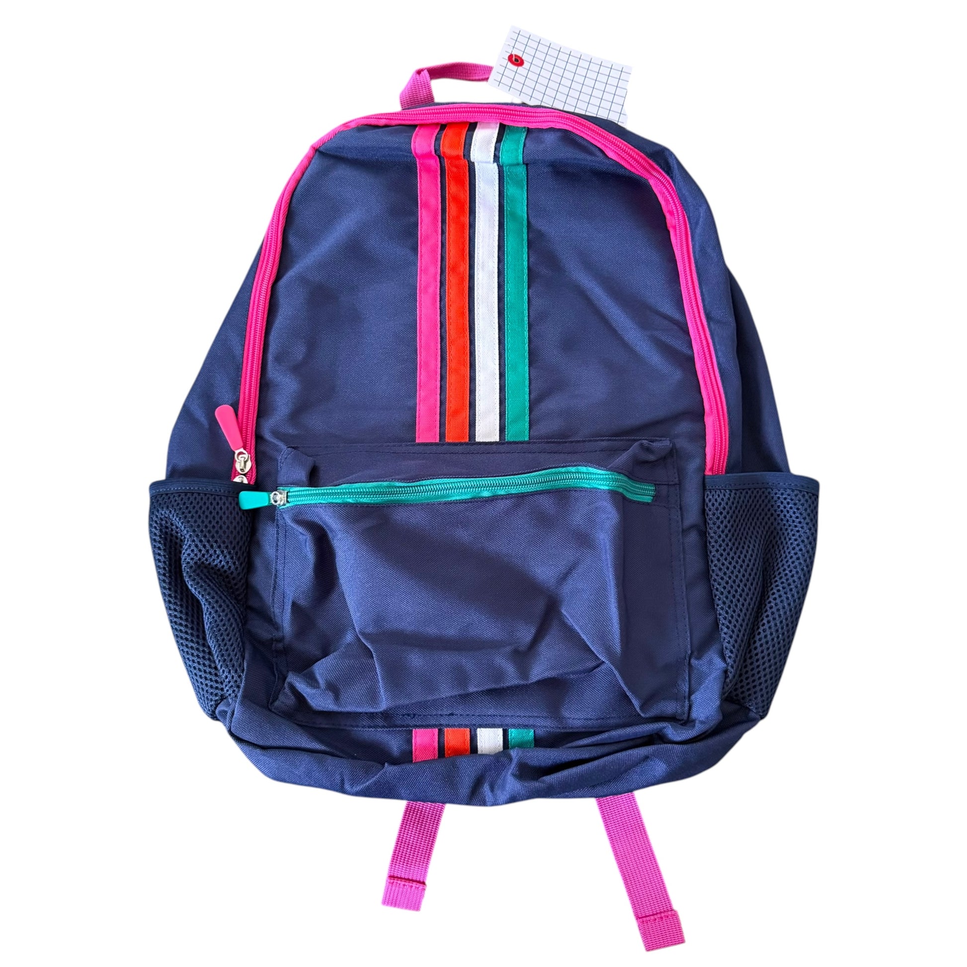 A navy blue backpack with vertical stripes in pink, orange, red, white, and green on the front pocket, featuring a pink zipper, mesh side pockets, and pink shoulder straps, shown against a plain white background.