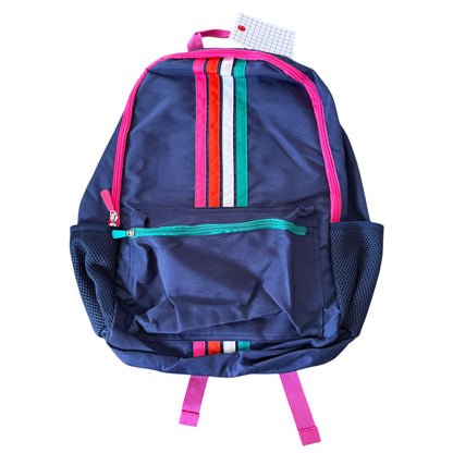 A navy blue backpack with vertical stripes in pink, orange, red, white, and green on the front pocket, featuring a pink zipper, mesh side pockets, and pink shoulder straps, shown against a plain white background.