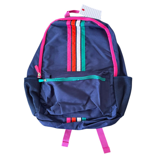 A navy blue backpack with vertical stripes in pink, orange, red, white, and green on the front pocket, featuring a pink zipper, mesh side pockets, and pink shoulder straps, shown against a plain white background.