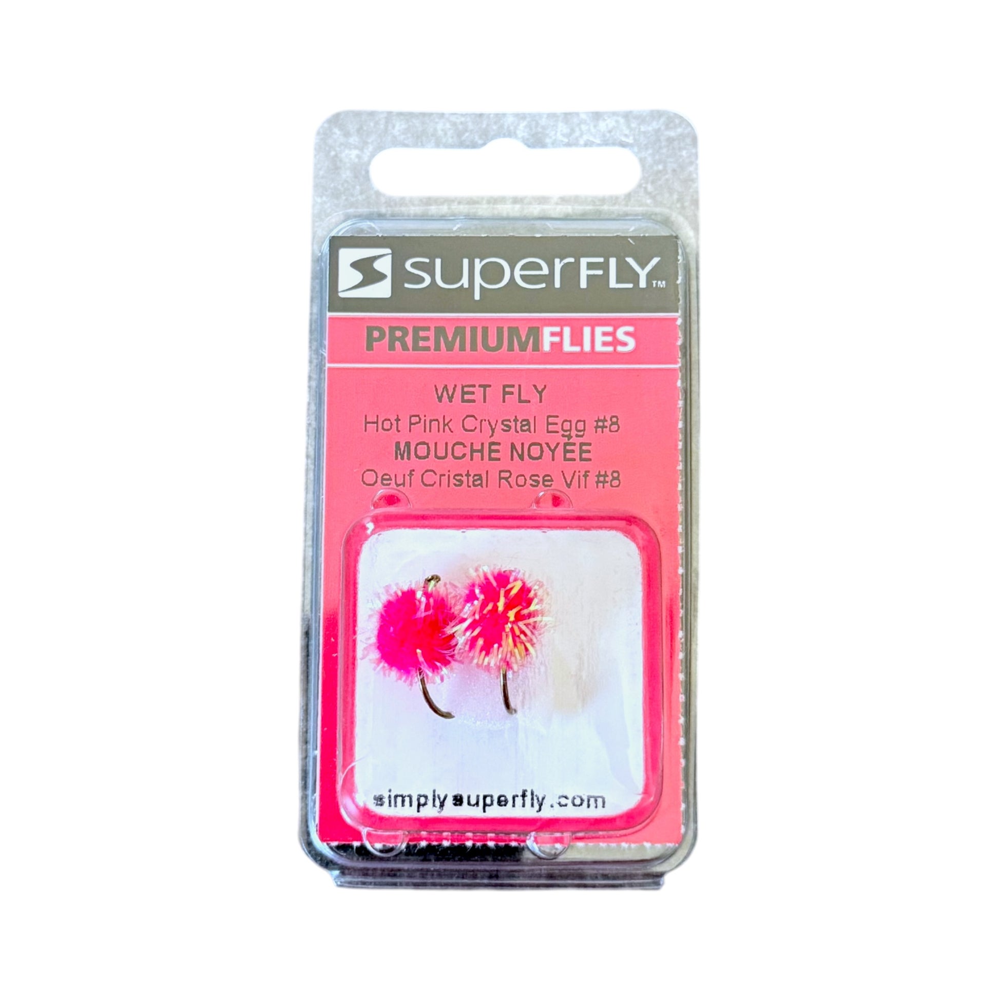 SuperFly premium fly package with pink crystal egg fly on a white background