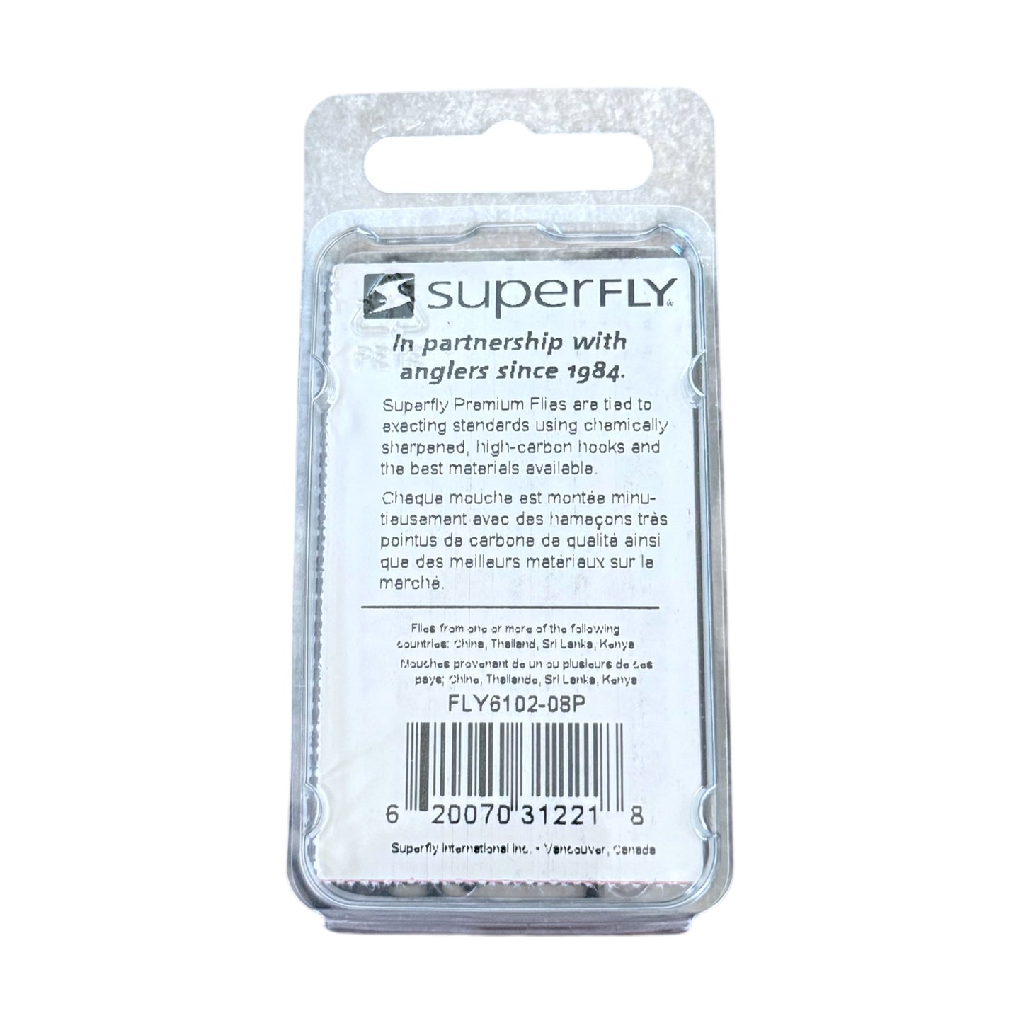 SuperFly fishing tackle packaging with branding and product details on a white background